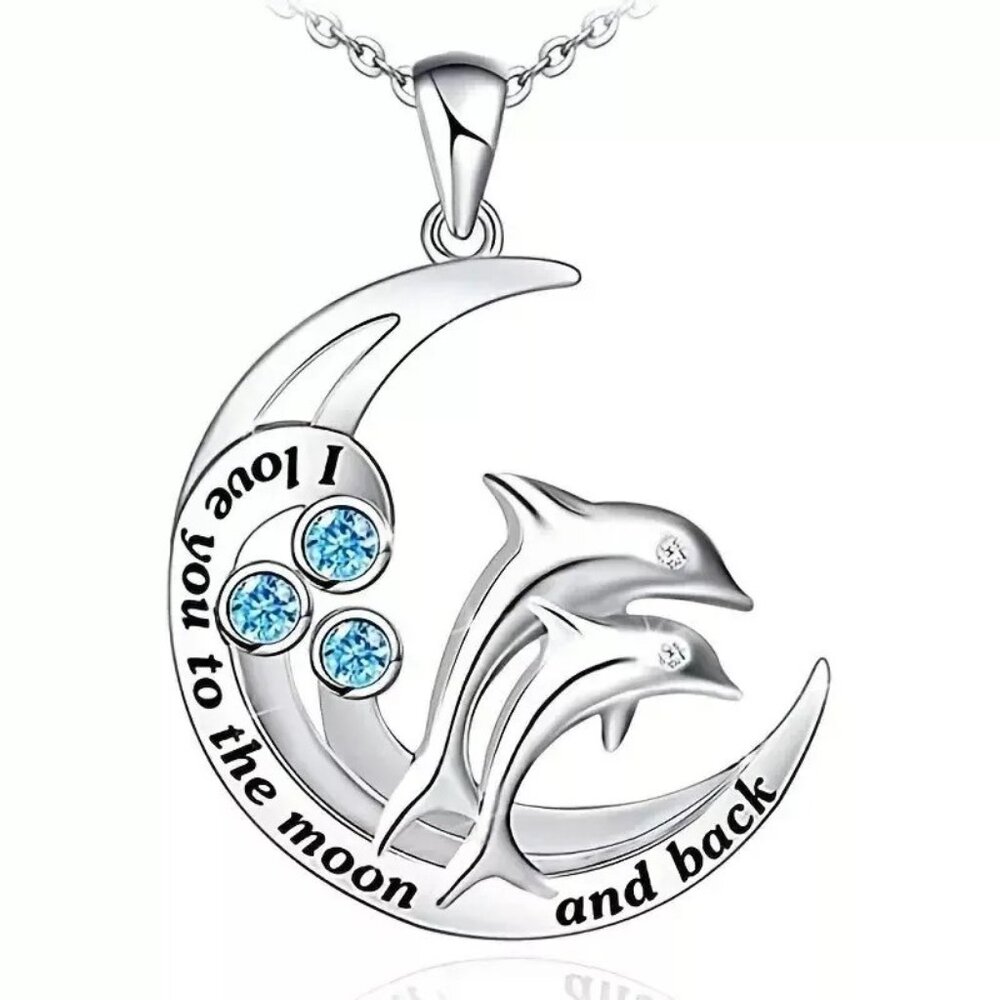 Dolphin Moon Necklace I Love You to the Moon‎ and Back Blue Crystal Gift Her
